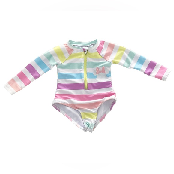 Disney Other - Disney Minnie Mouse Rash Guard Swimsuit 9M Rainbow Stripe EUC